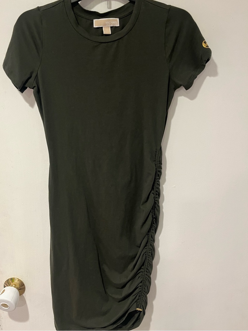 MICHAEL Michael Kors Olive Green Short Sleeve Ruched Side Dress